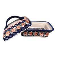 A picture of a Polish Pottery 5.5" x 4.75" Butter Dish (Zany Zinnia) | NDA14-35 as shown at PolishPotteryOutlet.com/products/5-5-x-4-75-butter-dish-zany-zinnia-nda14-35