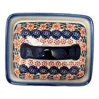 A picture of a Polish Pottery 5.5" x 4.75" Butter Dish (Zany Zinnia) | NDA14-35 as shown at PolishPotteryOutlet.com/products/5-5-x-4-75-butter-dish-zany-zinnia-nda14-35