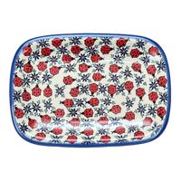 A picture of a Polish Pottery 8" x 11" Serving Tray (Lovely Ladybugs) | NDA154-18 as shown at PolishPotteryOutlet.com/products/8-x-11-serving-tray-lovely-ladybugs-nda154-18