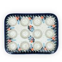 A picture of a Polish Pottery 12 Cup Mini Muffin Pan (Fall Wildflowers) | NDA169-23 as shown at PolishPotteryOutlet.com/products/12-cup-mini-muffin-pan-fall-wildflowers-nda169-23