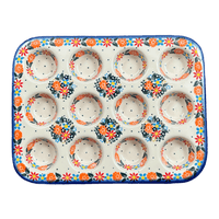 A picture of a Polish Pottery 12 Cup Mini Muffin Pan (Bright Bouquet) | NDA169-A55 as shown at PolishPotteryOutlet.com/products/11-5-x-8-75-mini-muffin-pan-bright-bouquet-nda169-a55