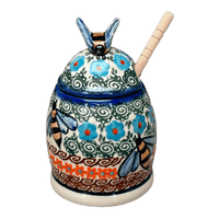 A picture of a Polish Pottery Honey Jar (Teal Pompons) | NDA18-62 as shown at PolishPotteryOutlet.com/products/honey-jar-teal-pompons-nda18-62
