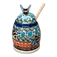 A picture of a Polish Pottery Jar, Honey, 5" in "Teal Pompons" by Andy | NDA18-62 as shown at PolishPotteryOutlet.com/products/honey-jar-teal-pompons-nda18-62