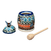 A picture of a Polish Pottery Honey Jar (Teal Pompons) | NDA18-62 as shown at PolishPotteryOutlet.com/products/honey-jar-teal-pompons-nda18-62