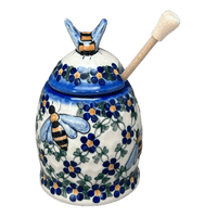 A picture of a Polish Pottery Honey Jar (Blue Lattice) | NDA18-6 as shown at PolishPotteryOutlet.com/products/5-honey-container-blue-lattice-nda18-6