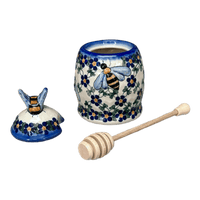 A picture of a Polish Pottery Honey Jar (Blue Lattice) | NDA18-6 as shown at PolishPotteryOutlet.com/products/5-honey-container-blue-lattice-nda18-6