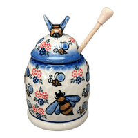 A picture of a Polish Pottery Honey Jar (Bee's Knees) | NDA18-A2 as shown at PolishPotteryOutlet.com/products/5-honey-container-bees-knees-nda18-a2