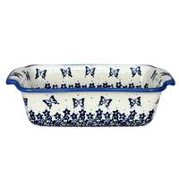 A picture of a Polish Pottery Baker, Bread, 11.25" x 5.75" Large in "Butterfly Blues" by Andy | NDA182-17 as shown at PolishPotteryOutlet.com/products/11-25-x-5-75-large-bread-baker-butterfly-blues-nda182-17