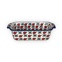 A picture of a Polish Pottery Large Bread Baker (Lovely Ladybugs) | NDA182-18 as shown at PolishPotteryOutlet.com/products/large-bread-baker-lovely-ladybugs-nda182-18