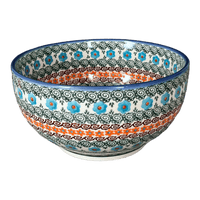 A picture of a Polish Pottery Deep 9" Bowl (Teal Pompons) | NDA194-62 as shown at PolishPotteryOutlet.com/products/9-deep-bowl-teal-pompons-nda194-62