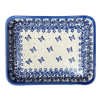 A picture of a Polish Pottery 9" x 11.5" Rectangular Baker (Butterfly Blues) | NDA127-17 as shown at PolishPotteryOutlet.com/products/9-x-11-5-rectangular-baker-butterfly-blues-nda127-17
