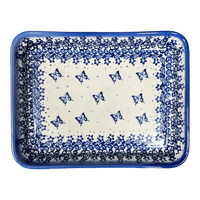 A picture of a Polish Pottery Baker, Rectangular, 9" x 11.5" in "Butterfly Blues" by Andy | NDA127-17 as shown at PolishPotteryOutlet.com/products/9-x-11-5-rectangular-baker-butterfly-blues-nda127-17