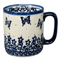 A picture of a Polish Pottery 12 oz. Straight Mug (Butterfly Blues) | NDA25-17 as shown at PolishPotteryOutlet.com/products/12-oz-straight-mug-butterfly-blues-nda25-17