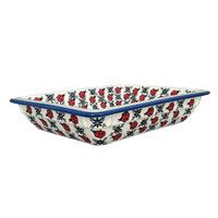 A picture of a Polish Pottery 10.25" x 12.5" Rectangular Baking Dish (Lovely Ladybugs) | NDA264-18 as shown at PolishPotteryOutlet.com/products/10-25-x-12-5-rectangular-baking-dish-lovely-ladybugs-nda264-18