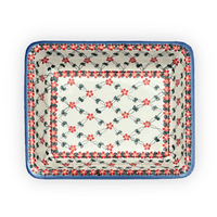 A picture of a Polish Pottery 10.25" x 12.5" Rectangular Baking Dish (Red Lattice) | NDA264-20 as shown at PolishPotteryOutlet.com/products/10-25-x-12-5-rectangular-baking-dish-red-lattice-nda264-20