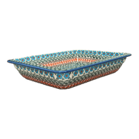 A picture of a Polish Pottery Rectangular Baking Dish, 10.25" x 12.5" in "Teal Pompons" by Andy | NDA264-62 as shown at PolishPotteryOutlet.com/products/10-25-x-12-5-rectangular-baking-dish-teal-pompons-nda264-62