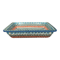 A picture of a Polish Pottery Rectangular Baking Dish, 10.25" x 12.5" in "Teal Pompons" by Andy | NDA264-62 as shown at PolishPotteryOutlet.com/products/10-25-x-12-5-rectangular-baking-dish-teal-pompons-nda264-62