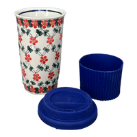 A picture of a Polish Pottery 14 oz. Travel Mug (Red Lattice) | NDA281-20 as shown at PolishPotteryOutlet.com/products/14-oz-travel-mug-red-lattice-nda281-20