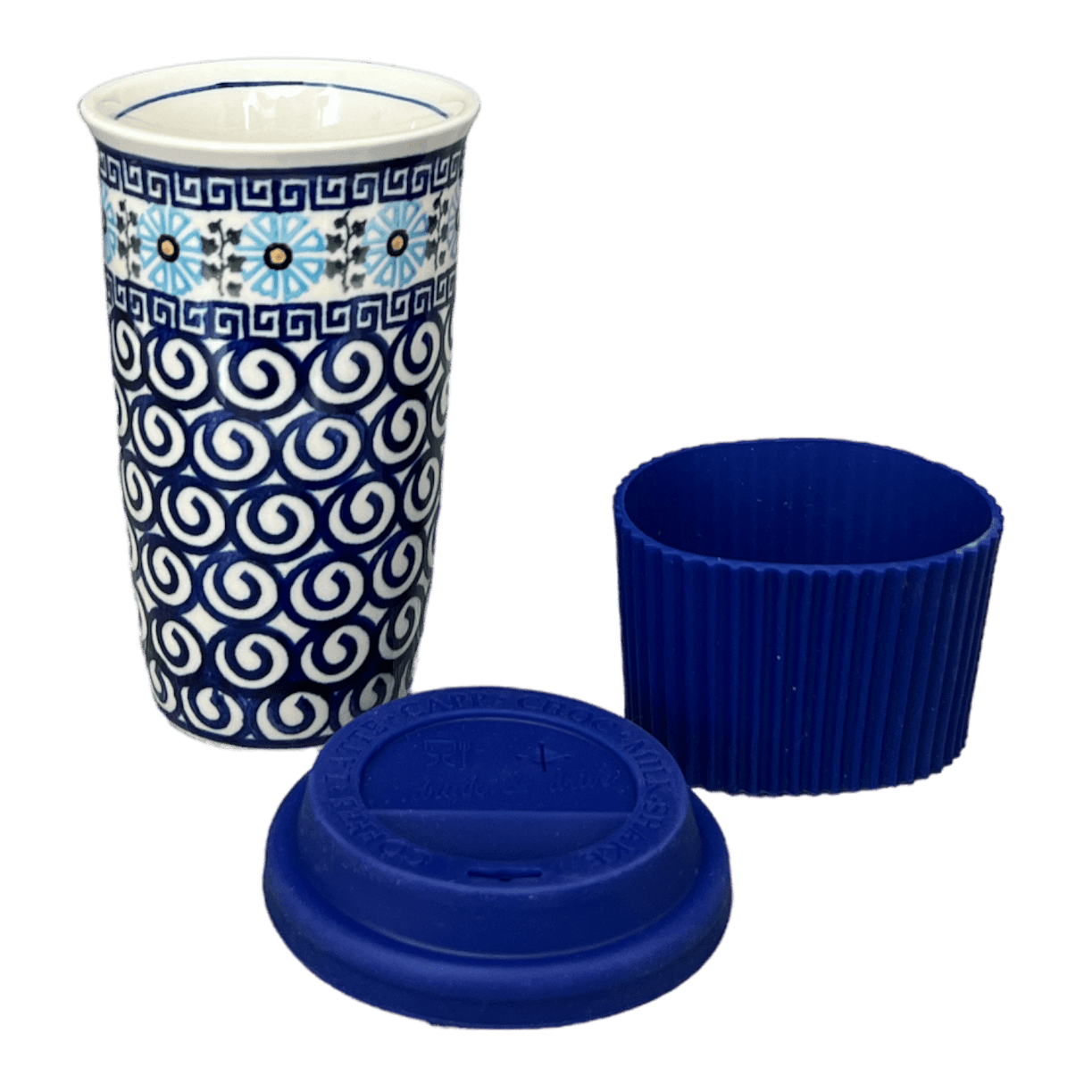 Mug, Travel, 14 oz in "Blue Daisy Spiral" by Andy | NDA281-38