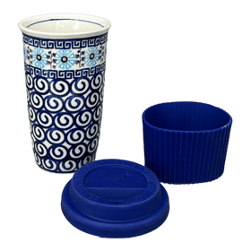Polish Pottery 14 oz. Travel Mug (Blue Daisy Spiral) | NDA281-38 Additional Image at PolishPotteryOutlet.com