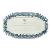 A picture of a Polish Pottery 10.5" x 18.5" Angular Tray (Teal Pompons) | NDA333-62 as shown at PolishPotteryOutlet.com/products/10-5-x-18-5-angular-tray-teal-pompons-nda333-62