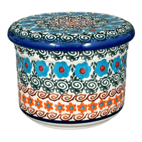 A picture of a Polish Pottery Butter Crock (Teal Pompons) | NDA344-62 as shown at PolishPotteryOutlet.com/products/butter-crock-teal-pompons-nda344-62