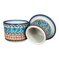 A picture of a Polish Pottery Butter Crock (Teal Pompons) | NDA344-62 as shown at PolishPotteryOutlet.com/products/butter-crock-teal-pompons-nda344-62