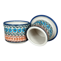 A picture of a Polish Pottery Butter Crock, 3.25" x 4.25" in "Teal Pompons" by Andy | NDA344-62 as shown at PolishPotteryOutlet.com/products/butter-crock-teal-pompons-nda344-62