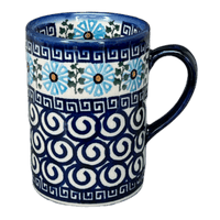 A picture of a Polish Pottery 8 oz. Slim Mug (Blue Daisy Spiral) | NDA350-38 as shown at PolishPotteryOutlet.com/products/8-oz-slim-mug-blue-daisy-spiral-nda350-38
