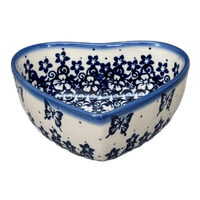 A picture of a Polish Pottery 5" x 5.25" Heart-Shaped Bowl (Butterfly Blues) | NDA366-17 as shown at PolishPotteryOutlet.com/products/5-x-5-25-heart-shaped-bowl-butterfly-blues-nda366-17