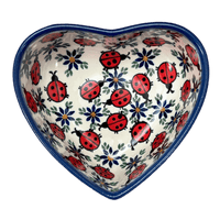 A picture of a Polish Pottery 5" x 5.25" Heart-Shaped Bowl (Lovely Ladybugs) | NDA366-18 as shown at PolishPotteryOutlet.com/products/5-x-5-25-heart-shaped-bowl-lovely-ladybugs-nda366-18