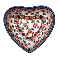A picture of a Polish Pottery 5" x 5.25" Heart-Shaped Bowl (Red Lattice) | NDA366-20 as shown at PolishPotteryOutlet.com/products/5-x-5-25-heart-shaped-bowl-red-lattice-nda366-20