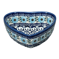 A picture of a Polish Pottery 5" x 5.25" Heart-Shaped Bowl (Blue Daisy Spiral) | NDA366-38 as shown at PolishPotteryOutlet.com/products/5-x-5-25-heart-shaped-bowl-blue-daisy-spiral-nda366-38