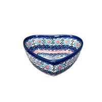 A picture of a Polish Pottery 5" x 5.25" Heart-Shaped Bowl (Daisy Waves) | NDA366-3 as shown at PolishPotteryOutlet.com/products/5-x-5-25-heart-shaped-bowl-daisy-waves-nda366-3