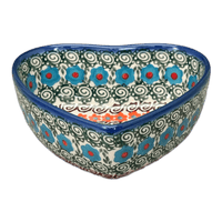 A picture of a Polish Pottery 5" x 5.25" Heart-Shaped Bowl (Teal Pompons) | NDA366-62 as shown at PolishPotteryOutlet.com/products/5-x-5-25-heart-shaped-bowl-teal-pompons-nda366-62