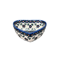 A picture of a Polish Pottery 5.25" x 5.5" Heart Bowl (Blue Lattice) | NDA366-6 as shown at PolishPotteryOutlet.com/products/5-25-x-5-5-heart-bowl-blue-lattice-nda366-6
