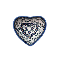 A picture of a Polish Pottery 5.25" x 5.5" Heart Bowl (Blue Lattice) | NDA366-6 as shown at PolishPotteryOutlet.com/products/5-25-x-5-5-heart-bowl-blue-lattice-nda366-6