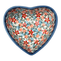 A picture of a Polish Pottery 5" x 5.25" Heart-Shaped Bowl (Meadow in Bloom) | NDA366-A54 as shown at PolishPotteryOutlet.com/products/5-x-5-25-heart-shaped-bowl-meadow-in-bloom-nda366-a54