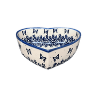 A picture of a Polish Pottery 6.5" x 7" Heart Bowl  (Butterfly Blues) | NDA367-17 as shown at PolishPotteryOutlet.com/products/6-5-x-7-heart-bowl-butterfly-blues-nda367-17