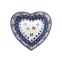 A picture of a Polish Pottery 6.5" x 7" Heart Bowl  (Butterfly Blues) | NDA367-17 as shown at PolishPotteryOutlet.com/products/6-5-x-7-heart-bowl-butterfly-blues-nda367-17