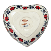 A picture of a Polish Pottery 6.5" x 7" Heart Bowl  (Lovely Ladybugs) | NDA367-18 as shown at PolishPotteryOutlet.com/products/6-5-x-7-heart-bowl-lovely-ladybugs-nda367-18