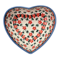 A picture of a Polish Pottery 6.5" x 7" Heart Bowl  (Red Lattice) | NDA367-20 as shown at PolishPotteryOutlet.com/products/6-5-x-7-heart-bowl-red-lattice-nda367-20