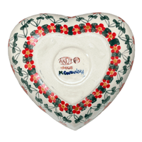 A picture of a Polish Pottery 6.5" x 7" Heart Bowl  (Red Lattice) | NDA367-20 as shown at PolishPotteryOutlet.com/products/6-5-x-7-heart-bowl-red-lattice-nda367-20