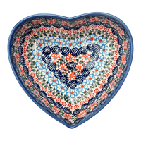 A picture of a Polish Pottery Bowl, Heart-Shaped 6.5" x 7" in "Zany Zinnia" by Andy | NDA367-35 as shown at PolishPotteryOutlet.com/products/6-5-x-7-heart-bowl-zany-zinnia-nda367-35