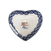 A picture of a Polish Pottery 6.5" x 7" Heart Bowl  (Blue Daisy Spiral) | NDA367-38 as shown at PolishPotteryOutlet.com/products/6-5-x-7-heart-bowl-blue-daisy-spiral-nda367-38