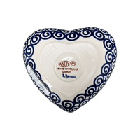 A picture of a Polish Pottery Bowl, Heart-Shaped 6.5" x 7" in "Blue Daisy Spiral" by Andy | NDA367-38 as shown at PolishPotteryOutlet.com/products/6-5-x-7-heart-bowl-blue-daisy-spiral-nda367-38