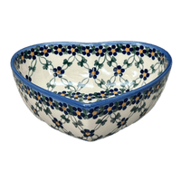 A picture of a Polish Pottery 6.5" x 7" Heart Bowl  (Blue Lattice) | NDA367-6 as shown at PolishPotteryOutlet.com/products/6-5-x-7-heart-bowl-blue-lattice-nda367-6