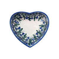 A picture of a Polish Pottery 6.5" x 7" Heart Bowl  (Blue Cascade) | NDA367-A31 as shown at PolishPotteryOutlet.com/products/6-5-x-7-heart-bowl-blue-cascade-nda367-a31