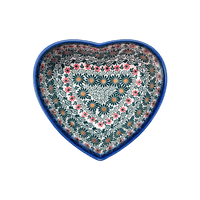 A picture of a Polish Pottery 6.5" x 7" Heart Bowl  (Garden Breeze) | NDA367-A48 as shown at PolishPotteryOutlet.com/products/6-5-x-7-heart-bowl-garden-breeze-nda367-a48