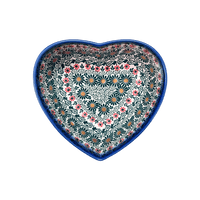 A picture of a Polish Pottery Bowl, Heart-Shaped 6.5" x 7" in "Garden Breeze" by Andy | NDA367-A48 as shown at PolishPotteryOutlet.com/products/6-5-x-7-heart-bowl-garden-breeze-nda367-a48